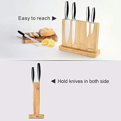 Luxury Double Sided Bamboo Magnetic Knife Block Holder without Knives with Enhanced Powerful Magnets, Cutlery Display Stand and Storage Rack Large Capacity, Easy to Reach, Easy to Clean