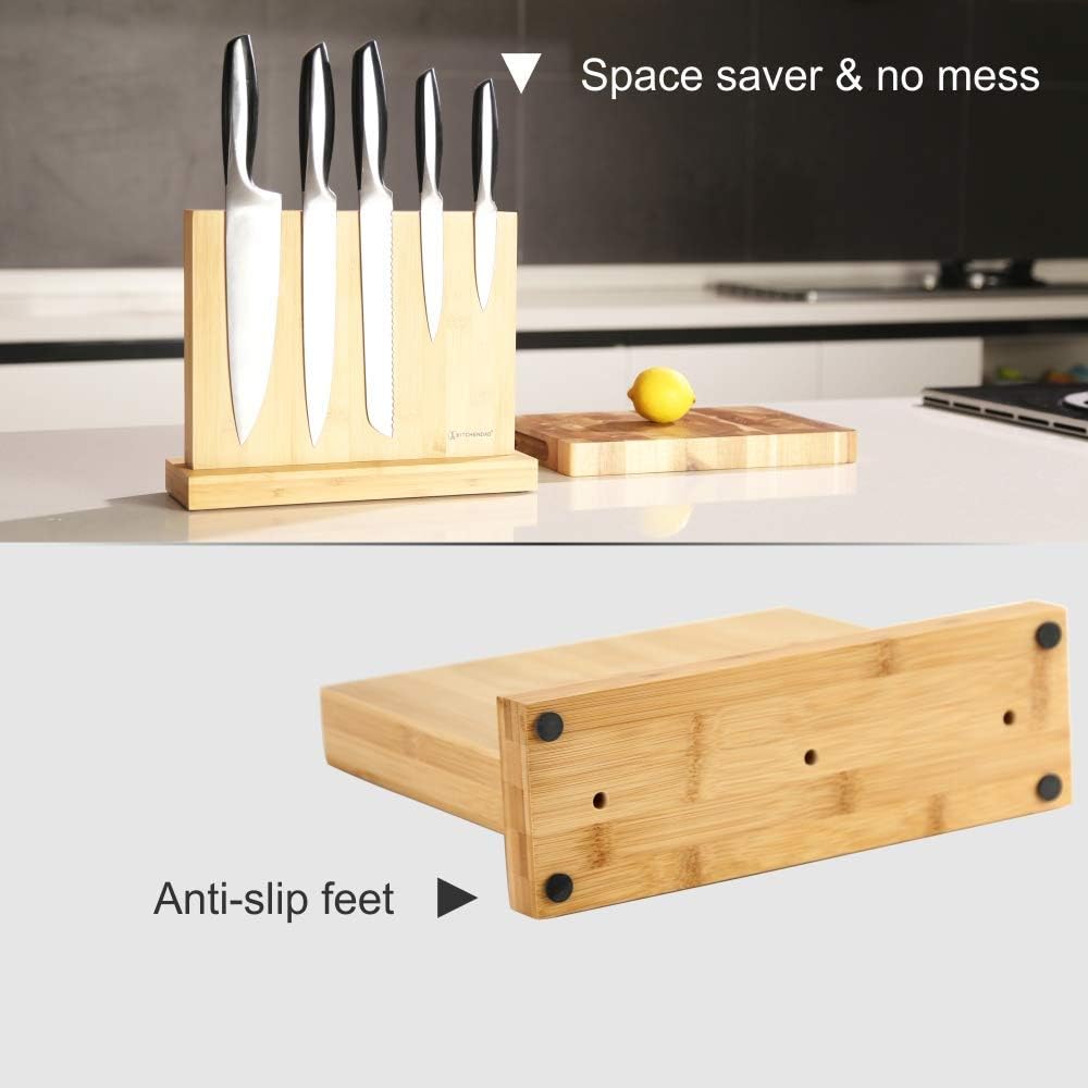 Luxury Double Sided Bamboo Magnetic Knife Block Holder without Knives with Enhanced Powerful Magnets, Cutlery Display Stand and Storage Rack Large Capacity, Easy to Reach, Easy to Clean