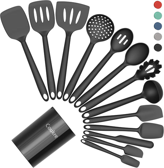 Silicone Kitchen Cooking Utensils Set, Heat Resistant, 14-Piece | Dishwasher-Safe, Food-Grade Silicone, BPA-Free, Spatulas, Spoons & Turner, Safe for Nonstick Cookware, Pure Black