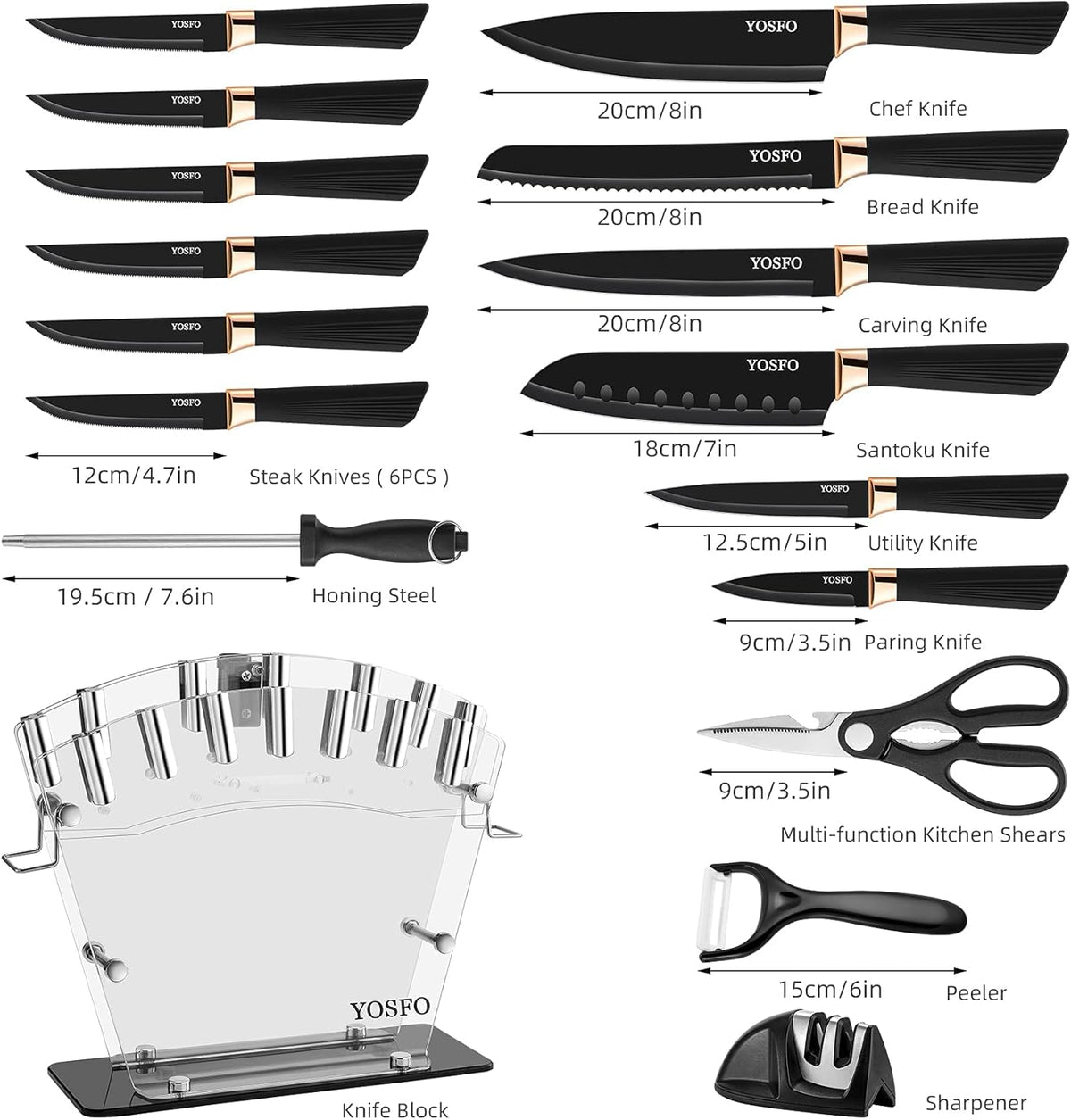 Kitchen Knife Set with Block, Knives Set with Acrylic Stand, 17Pcs Stainless Steel Cutlery Knife Block Set includes Serrated Steak Knives Set, Chef Santoku Knives, Scissor, Sharpener and Holder