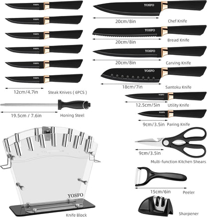 Kitchen Knife Set with Block, Knives Set with Acrylic Stand, 17Pcs Stainless Steel Cutlery Knife Block Set includes Serrated Steak Knives Set, Chef Santoku Knives, Scissor, Sharpener and Holder