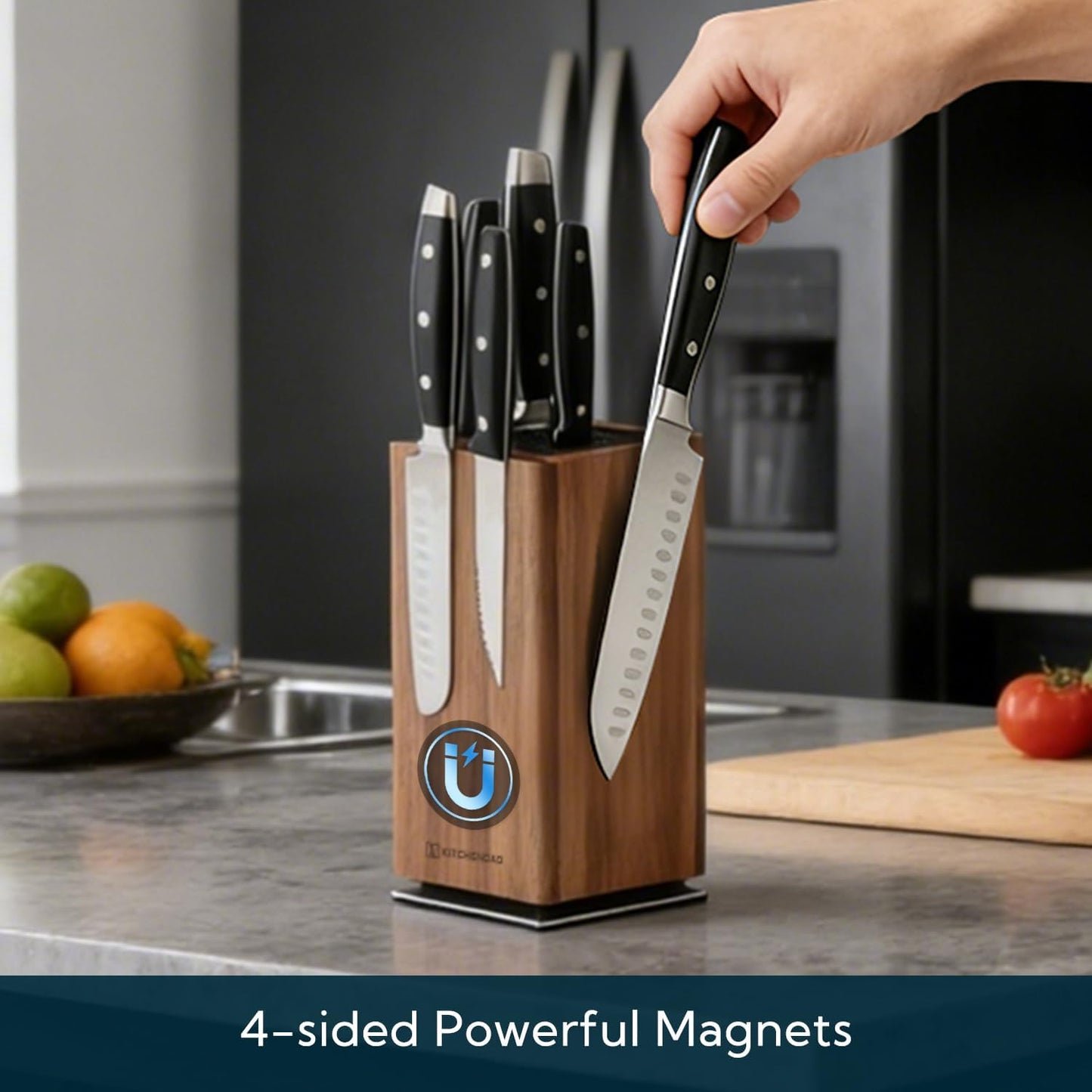 Magnetic Knife Block without Knives, 360° Rotatable Acacia Wood Knife Holder, Large Knife Storage with Magnet for Knives & Utensils, Kitchen Countertop Organizer