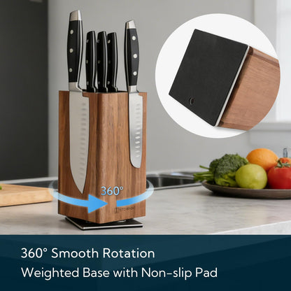 Magnetic Knife Block without Knives, 360° Rotatable Acacia Wood Knife Holder, Large Knife Storage with Magnet for Knives & Utensils, Kitchen Countertop Organizer