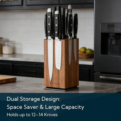 Magnetic Knife Block without Knives, 360° Rotatable Acacia Wood Knife Holder, Large Knife Storage with Magnet for Knives & Utensils, Kitchen Countertop Organizer