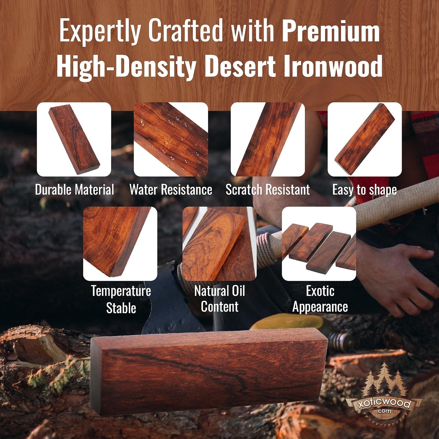 Desert Ironwood Blanks (Burl Ball Pattern) — Grade A, 5 1/8 x 1 3/4 x 1 1/4 in — Exotic Hardwood Lumber Blocks — Ironwood Wood Turning Blanks for Knife Handles, Carving & DIY Woodworking