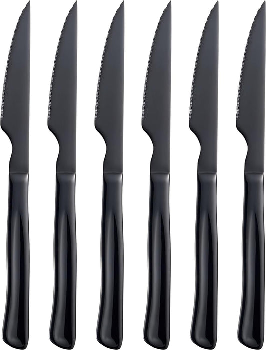 Black Steak Knife Set, 6 Piece Stainless Steel Kitchen Knife Set & Kitchen Utility Knives, 8.7 Inch Serrated Steak Knives, Dinner Knives, Sharp Knife with Ergonomic Handles