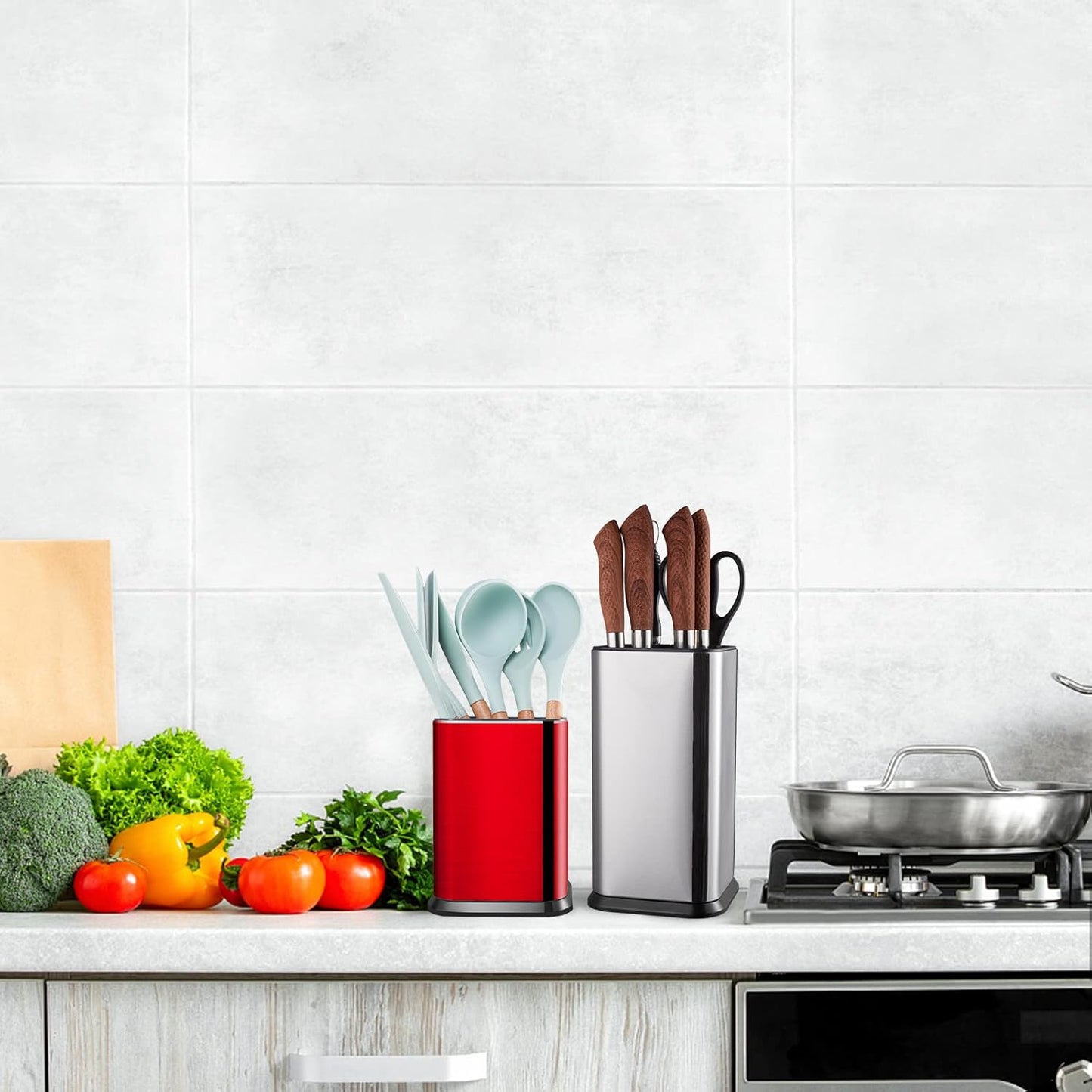 Stainless Steel Kitchen Utensil Holder for Countertop, Spoon Spatula Organizer,Modern Rectangular Large Cooking Utensil Caddy Counter,Utensil Crock Silver
