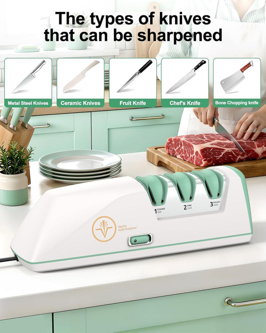 Electric Knife Sharpener with Replaceable Sharpening Head | 3-Stage Sharpening, 15° Precision Angle, Diamond Sharpening System, Metal & Ceramic Knives, Exquisite Gifts & Packaging