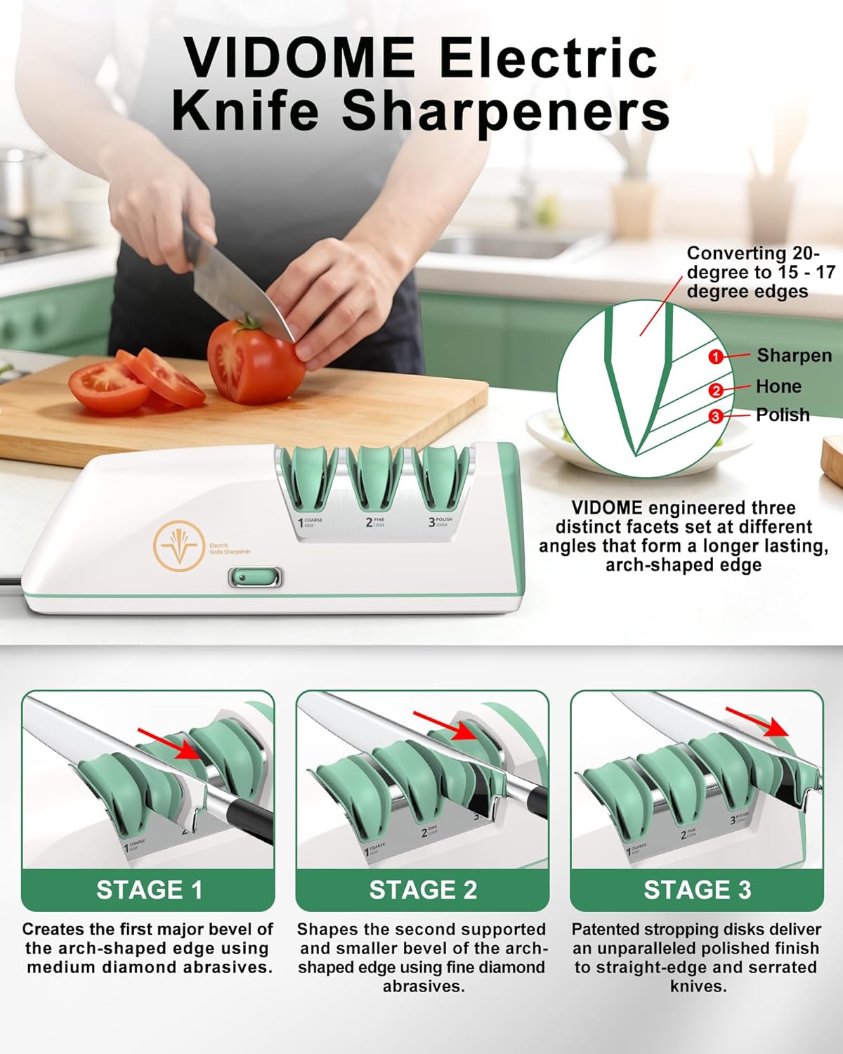 Electric Knife Sharpener with Replaceable Sharpening Head | 3-Stage Sharpening, 15° Precision Angle, Diamond Sharpening System, Metal & Ceramic Knives, Exquisite Gifts & Packaging