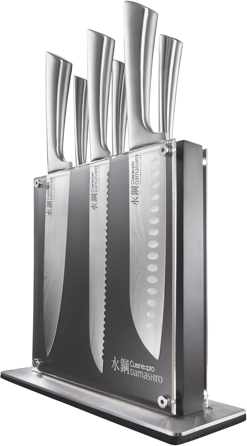 Damashiro Knife Block (Kumi, 7-Piece Chef Knife Set) - Japanese Steel Knife - Magnetic Knife Block- Damascus-Inspired Blade Kitchen Knives