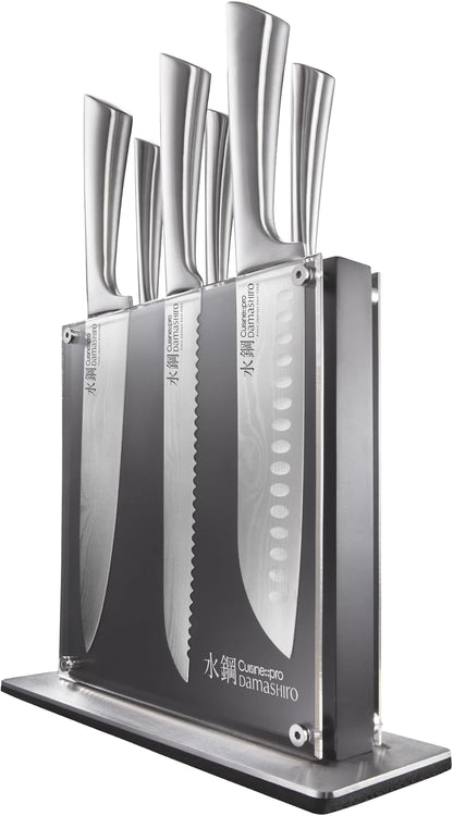 Damashiro Knife Block (Kumi, 7-Piece Chef Knife Set) - Japanese Steel Knife - Magnetic Knife Block- Damascus-Inspired Blade Kitchen Knives