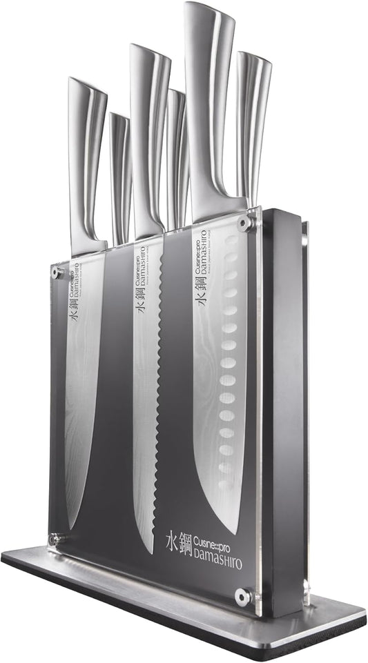Damashiro Knife Block (Kumi, 7-Piece Chef Knife Set) - Japanese Steel Knife - Magnetic Knife Block- Damascus-Inspired Blade Kitchen Knives