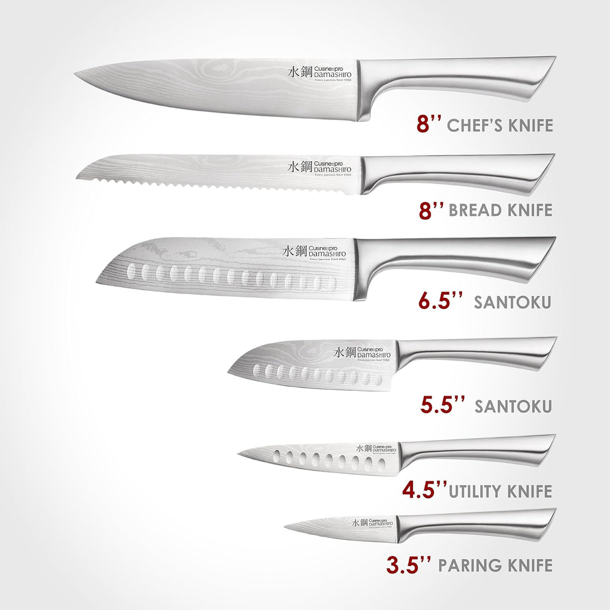 Damashiro Knife Block (Kumi, 7-Piece Chef Knife Set) - Japanese Steel Knife - Magnetic Knife Block- Damascus-Inspired Blade Kitchen Knives