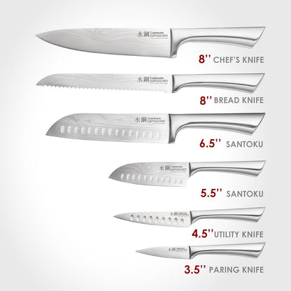 Damashiro Knife Block (Kumi, 7-Piece Chef Knife Set) - Japanese Steel Knife - Magnetic Knife Block- Damascus-Inspired Blade Kitchen Knives