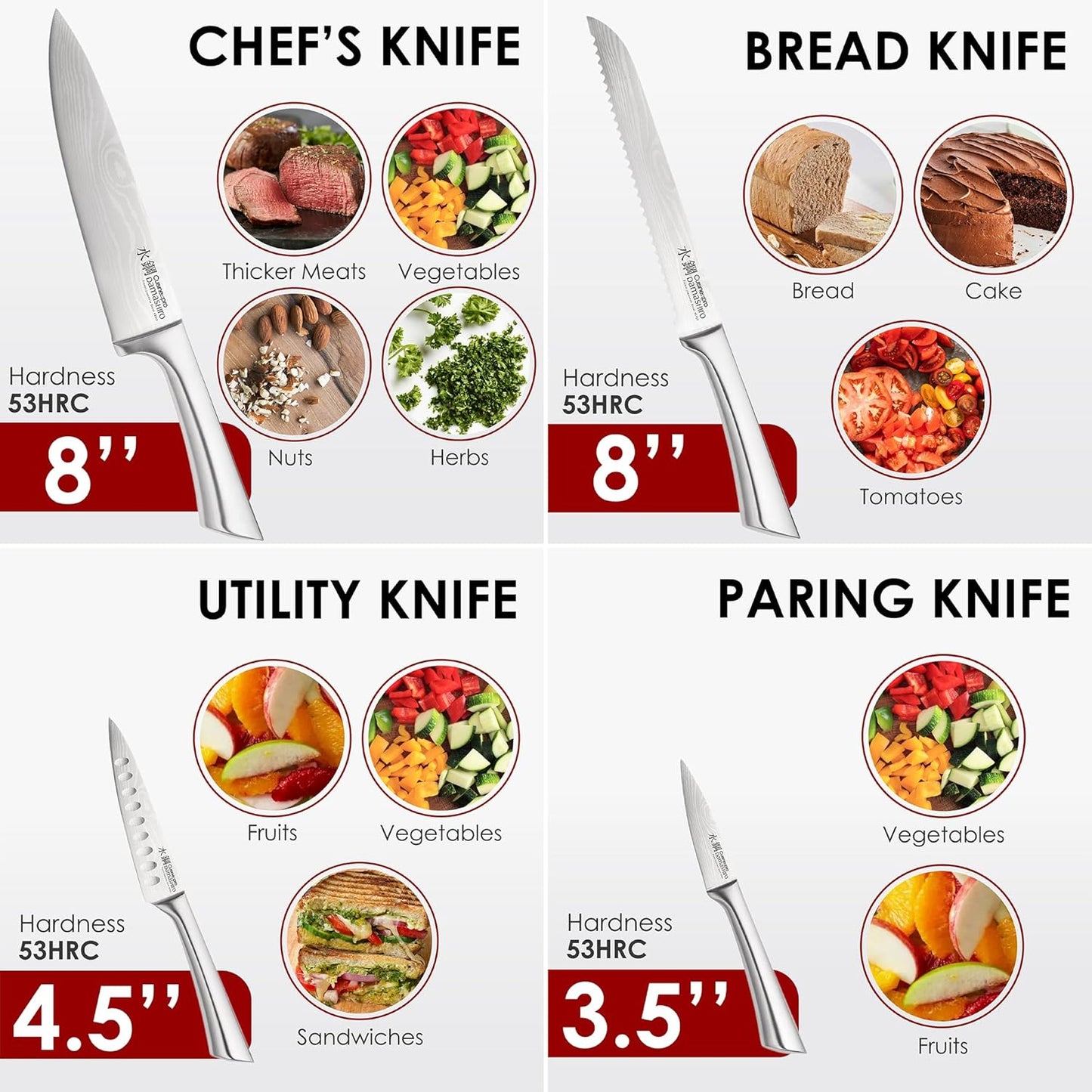 Damashiro Knife Block (Kumi, 7-Piece Chef Knife Set) - Japanese Steel Knife - Magnetic Knife Block- Damascus-Inspired Blade Kitchen Knives
