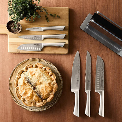 Damashiro Knife Block (Kumi, 7-Piece Chef Knife Set) - Japanese Steel Knife - Magnetic Knife Block- Damascus-Inspired Blade Kitchen Knives