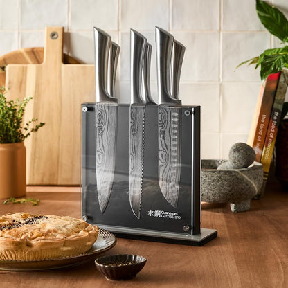 Damashiro Knife Block (Kumi, 7-Piece Chef Knife Set) - Japanese Steel Knife - Magnetic Knife Block- Damascus-Inspired Blade Kitchen Knives