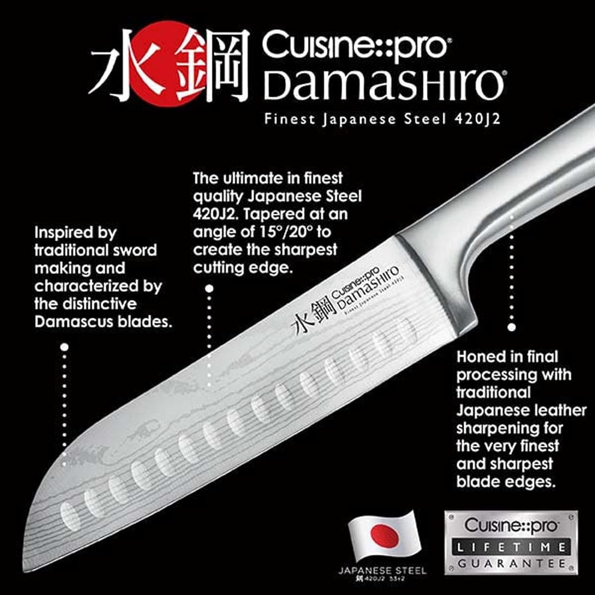 Damashiro Knife Block (Kumi, 7-Piece Chef Knife Set) - Japanese Steel Knife - Magnetic Knife Block- Damascus-Inspired Blade Kitchen Knives