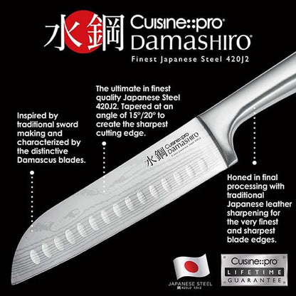 Damashiro Knife Block (Kumi, 7-Piece Chef Knife Set) - Japanese Steel Knife - Magnetic Knife Block- Damascus-Inspired Blade Kitchen Knives