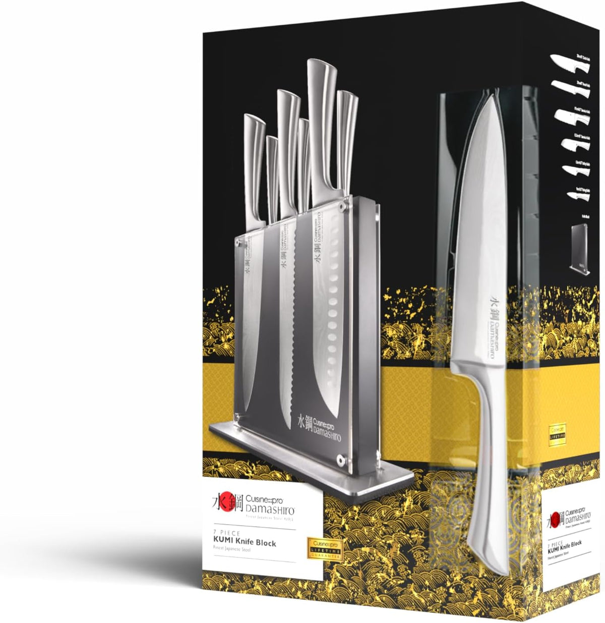 Damashiro Knife Block (Kumi, 7-Piece Chef Knife Set) - Japanese Steel Knife - Magnetic Knife Block- Damascus-Inspired Blade Kitchen Knives