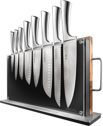 Damashiro Knife Block (Kumi, 7-Piece Chef Knife Set) - Japanese Steel Knife - Magnetic Knife Block- Damascus-Inspired Blade Kitchen Knives