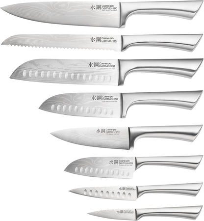 Damashiro Knife Block (Kumi, 7-Piece Chef Knife Set) - Japanese Steel Knife - Magnetic Knife Block- Damascus-Inspired Blade Kitchen Knives