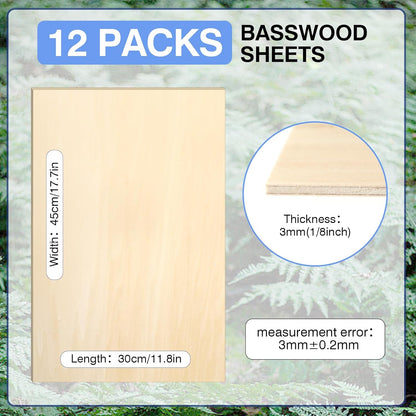 30 Pack Basswood Sheets 12"x12"x1/8", 3mm Basswood for Laser Cutting, Thin Plywood Board Unfinished Wood for Crafts, DIY Architectural Models Making, Wood Engraving, Wood Burning Product.