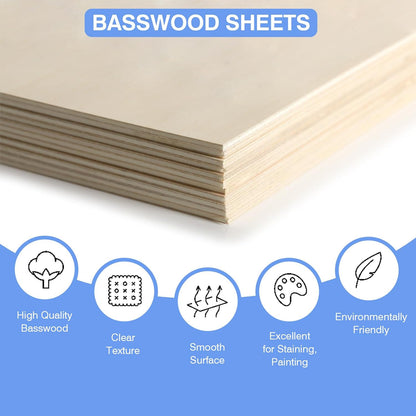 30 Pack Basswood Sheets 12"x12"x1/8", 3mm Basswood for Laser Cutting, Thin Plywood Board Unfinished Wood for Crafts, DIY Architectural Models Making, Wood Engraving, Wood Burning Product.