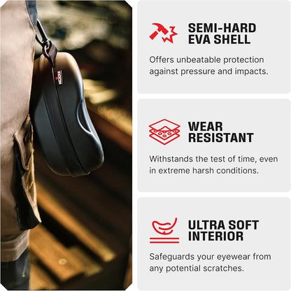 Water Resistant Safety Glasses Case with Clip - Heavy Duty Semi Hard Large Sunglasses Holder for Men and Women with Cleaning Cloth