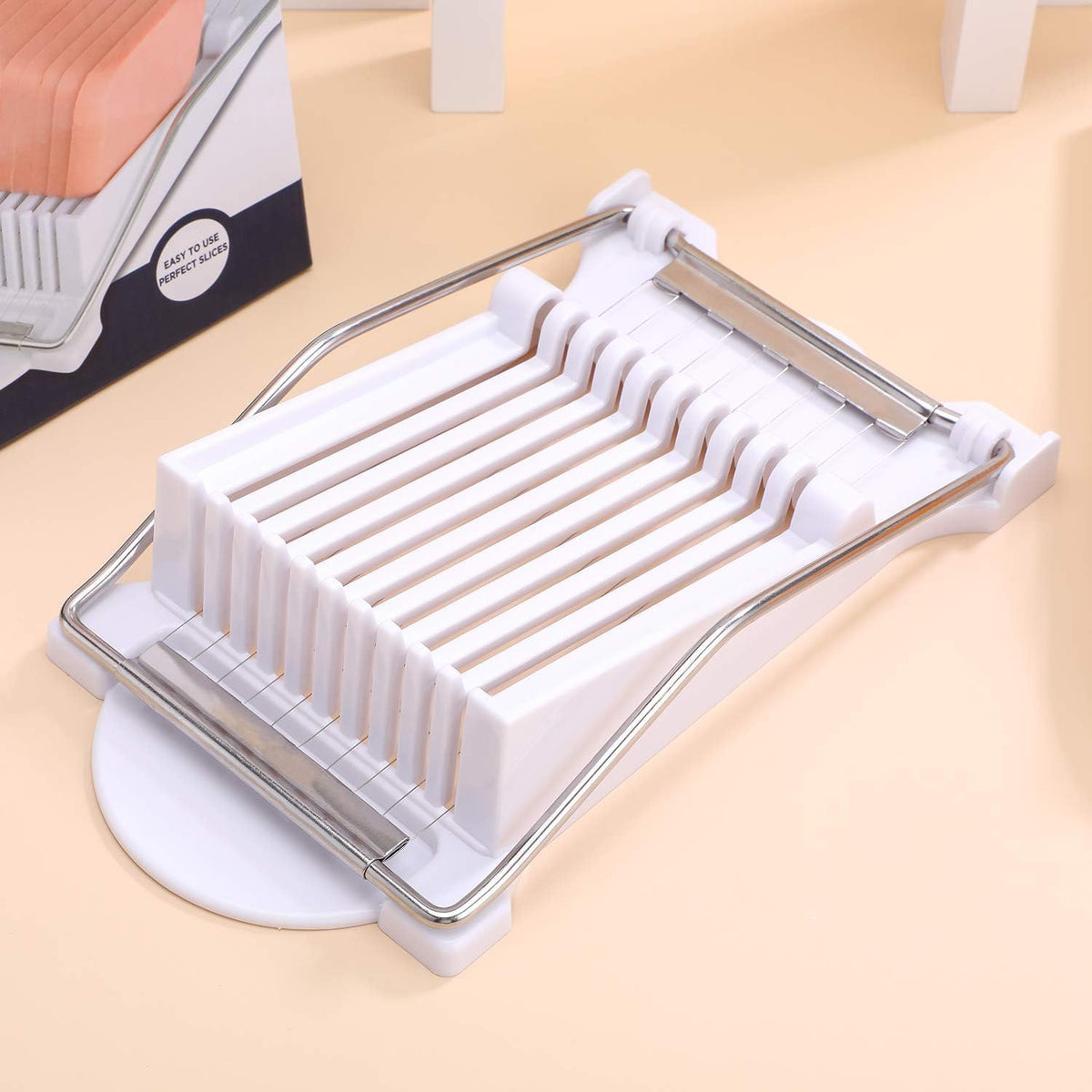 Slicer, Luncheon Meat Slicer Boiled Egg Fruit Soft Cheese Butter Slicers Cutter, Stainless Steel Wires, Cuts 10 Slices (White)