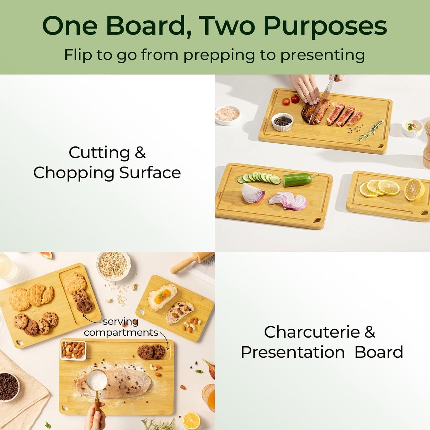 Wood Cutting Board, Carbonized Bamboo Cutting Boards Set With Smooth Surface & Easy Storage For Busy Kitchens, Ideal Charcuterie & Chopping, Durable, Knife-Friendly (4Pcs)