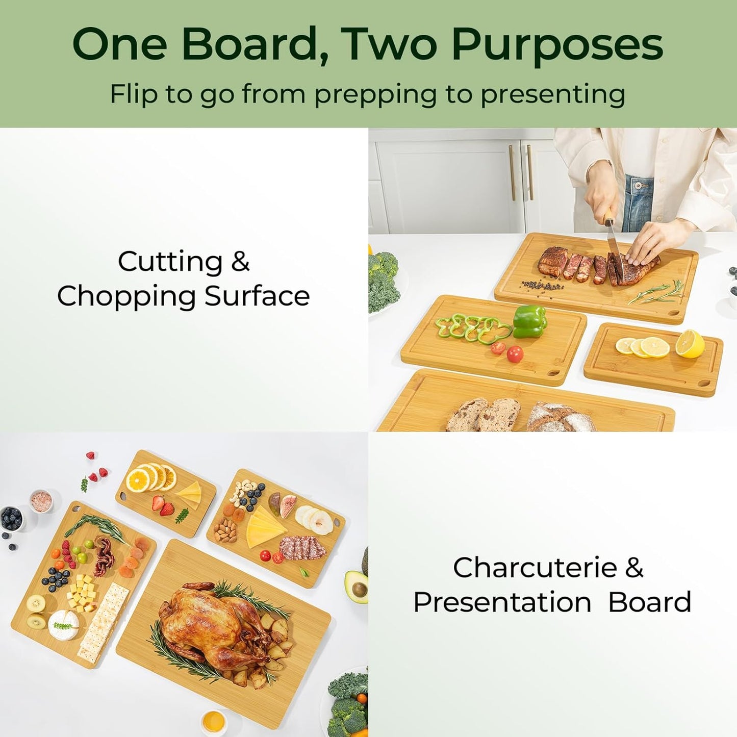 Wood Cutting Board, Carbonized Bamboo Cutting Boards Set With Smooth Surface & Easy Storage For Busy Kitchens, Ideal Charcuterie & Chopping, Durable, Knife-Friendly (4Pcs)