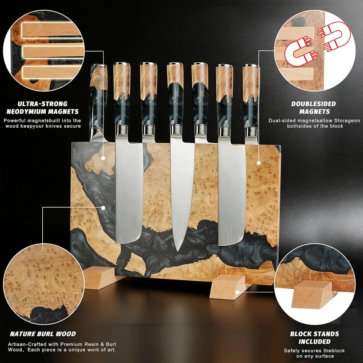 Magnetic Knife Block, 16 Inch Handcrafted Burl Wood Resin Knife Holder, Strong Neodymium Double-Sided Magnet, Countertop Knife Storage Stand Holds 20 Knives, Safe Blade Organizer for Kitchen
