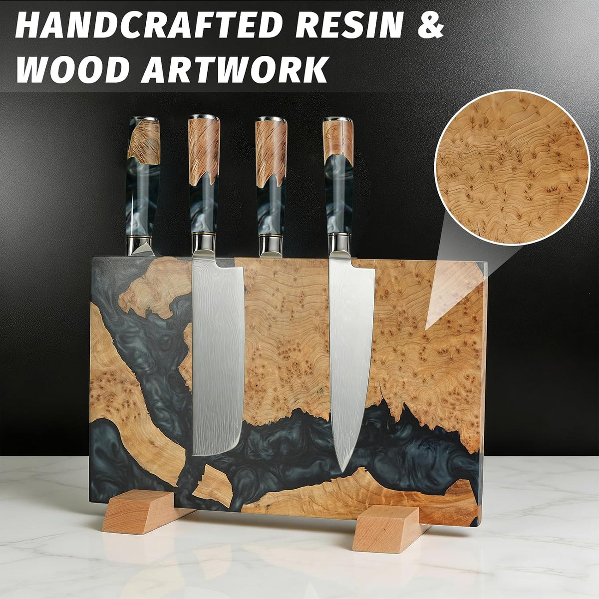 Magnetic Knife Block, 16 Inch Handcrafted Burl Wood Resin Knife Holder, Strong Neodymium Double-Sided Magnet, Countertop Knife Storage Stand Holds 20 Knives, Safe Blade Organizer for Kitchen