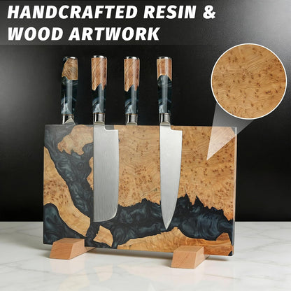 Magnetic Knife Block, 16 Inch Handcrafted Burl Wood Resin Knife Holder, Strong Neodymium Double-Sided Magnet, Countertop Knife Storage Stand Holds 20 Knives, Safe Blade Organizer for Kitchen