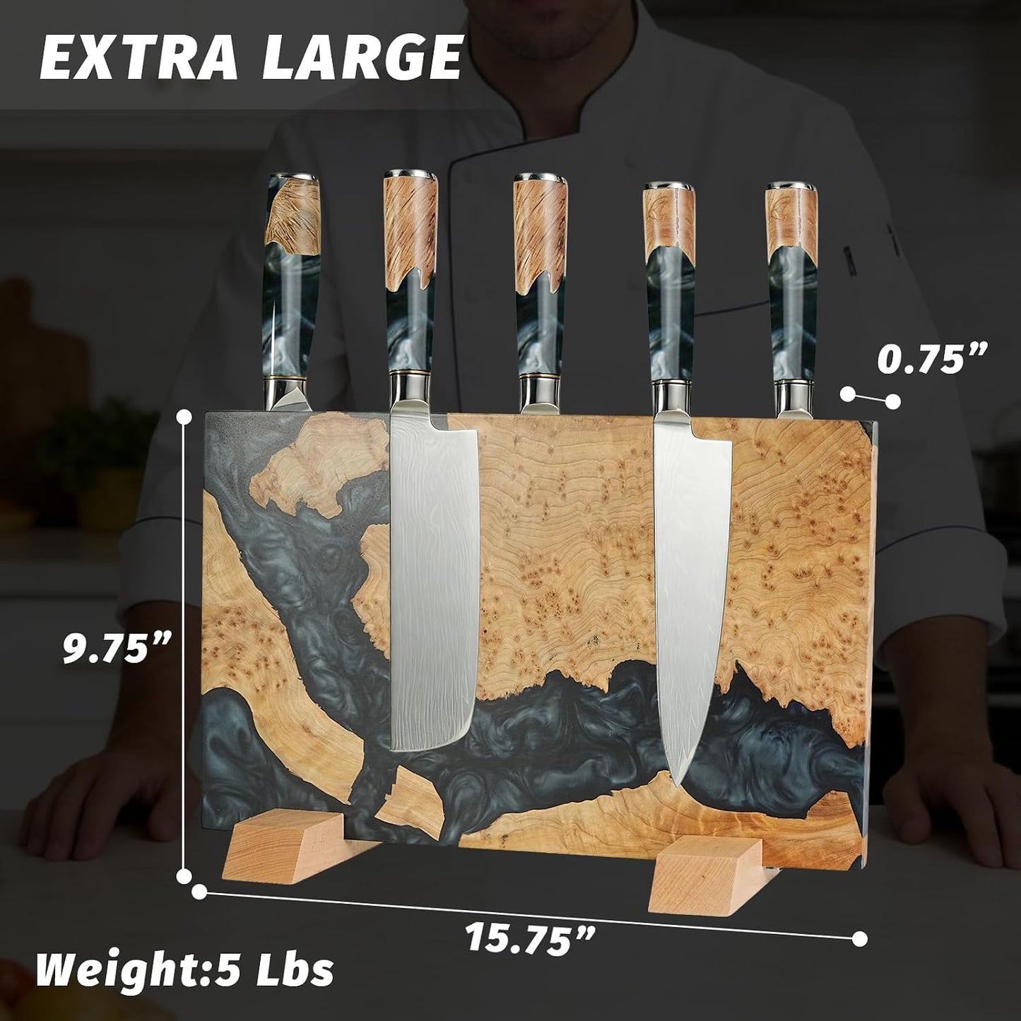 Magnetic Knife Block, 16 Inch Handcrafted Burl Wood Resin Knife Holder, Strong Neodymium Double-Sided Magnet, Countertop Knife Storage Stand Holds 20 Knives, Safe Blade Organizer for Kitchen
