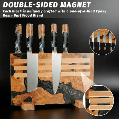 Magnetic Knife Block, 16 Inch Handcrafted Burl Wood Resin Knife Holder, Strong Neodymium Double-Sided Magnet, Countertop Knife Storage Stand Holds 20 Knives, Safe Blade Organizer for Kitchen