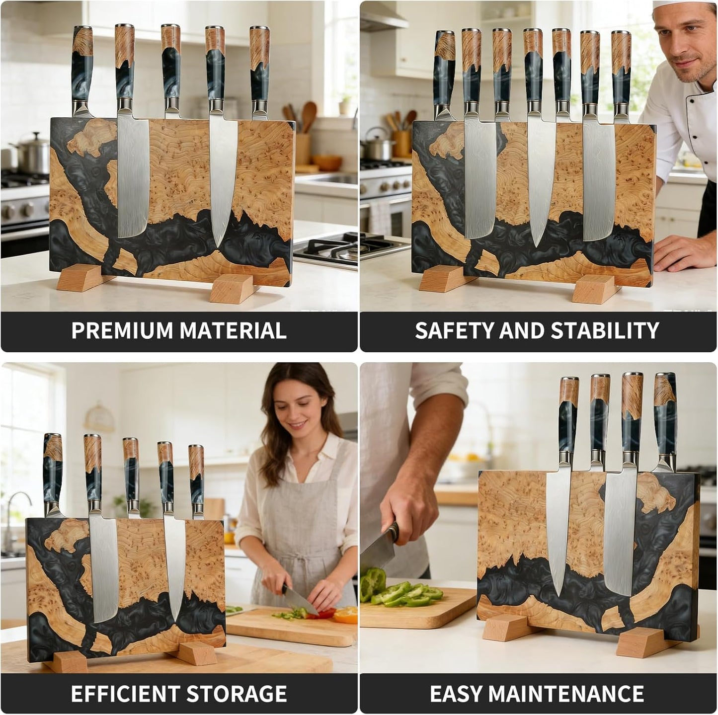 Magnetic Knife Block, 16 Inch Handcrafted Burl Wood Resin Knife Holder, Strong Neodymium Double-Sided Magnet, Countertop Knife Storage Stand Holds 20 Knives, Safe Blade Organizer for Kitchen