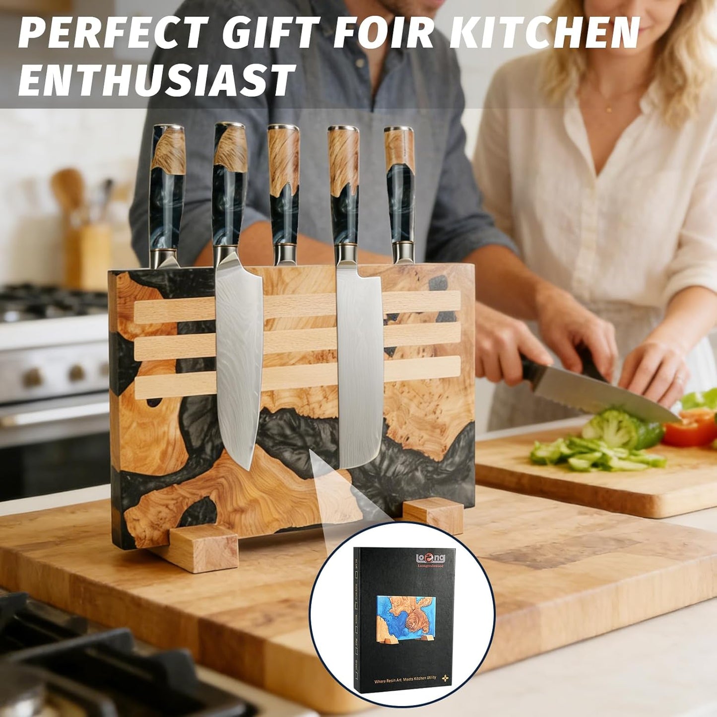 Magnetic Knife Block, 16 Inch Handcrafted Burl Wood Resin Knife Holder, Strong Neodymium Double-Sided Magnet, Countertop Knife Storage Stand Holds 20 Knives, Safe Blade Organizer for Kitchen