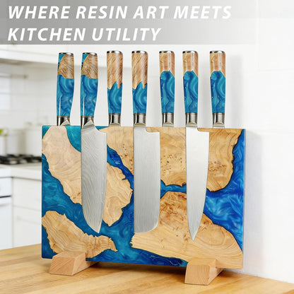 Magnetic Knife Block, 16 Inch Handcrafted Burl Wood Resin Knife Holder, Strong Neodymium Double-Sided Magnet, Countertop Knife Storage Stand Holds 20 Knives, Safe Blade Organizer for Kitchen