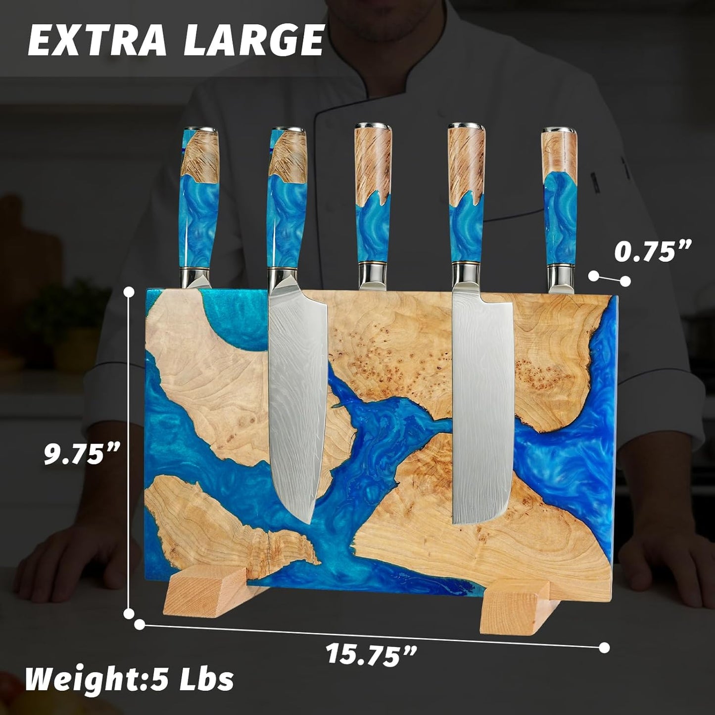 Magnetic Knife Block, 16 Inch Handcrafted Burl Wood Resin Knife Holder, Strong Neodymium Double-Sided Magnet, Countertop Knife Storage Stand Holds 20 Knives, Safe Blade Organizer for Kitchen