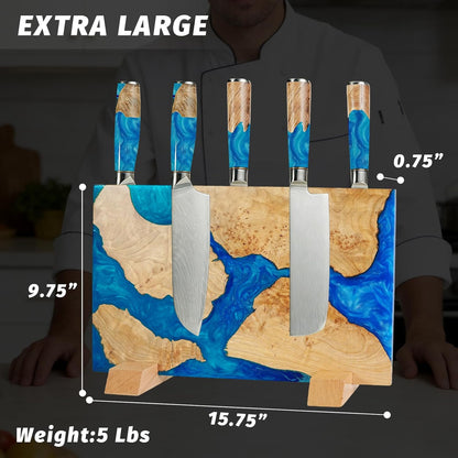 Magnetic Knife Block, 16 Inch Handcrafted Burl Wood Resin Knife Holder, Strong Neodymium Double-Sided Magnet, Countertop Knife Storage Stand Holds 20 Knives, Safe Blade Organizer for Kitchen