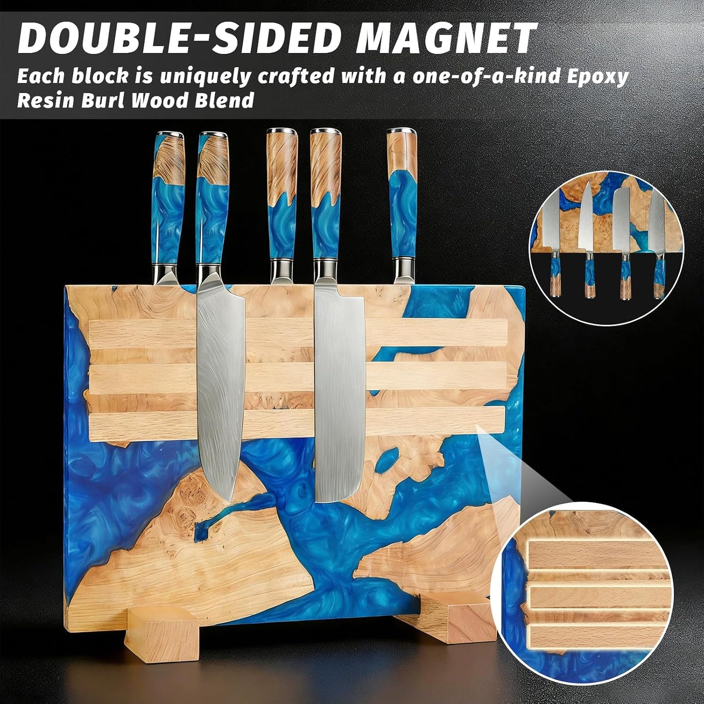 Magnetic Knife Block, 16 Inch Handcrafted Burl Wood Resin Knife Holder, Strong Neodymium Double-Sided Magnet, Countertop Knife Storage Stand Holds 20 Knives, Safe Blade Organizer for Kitchen