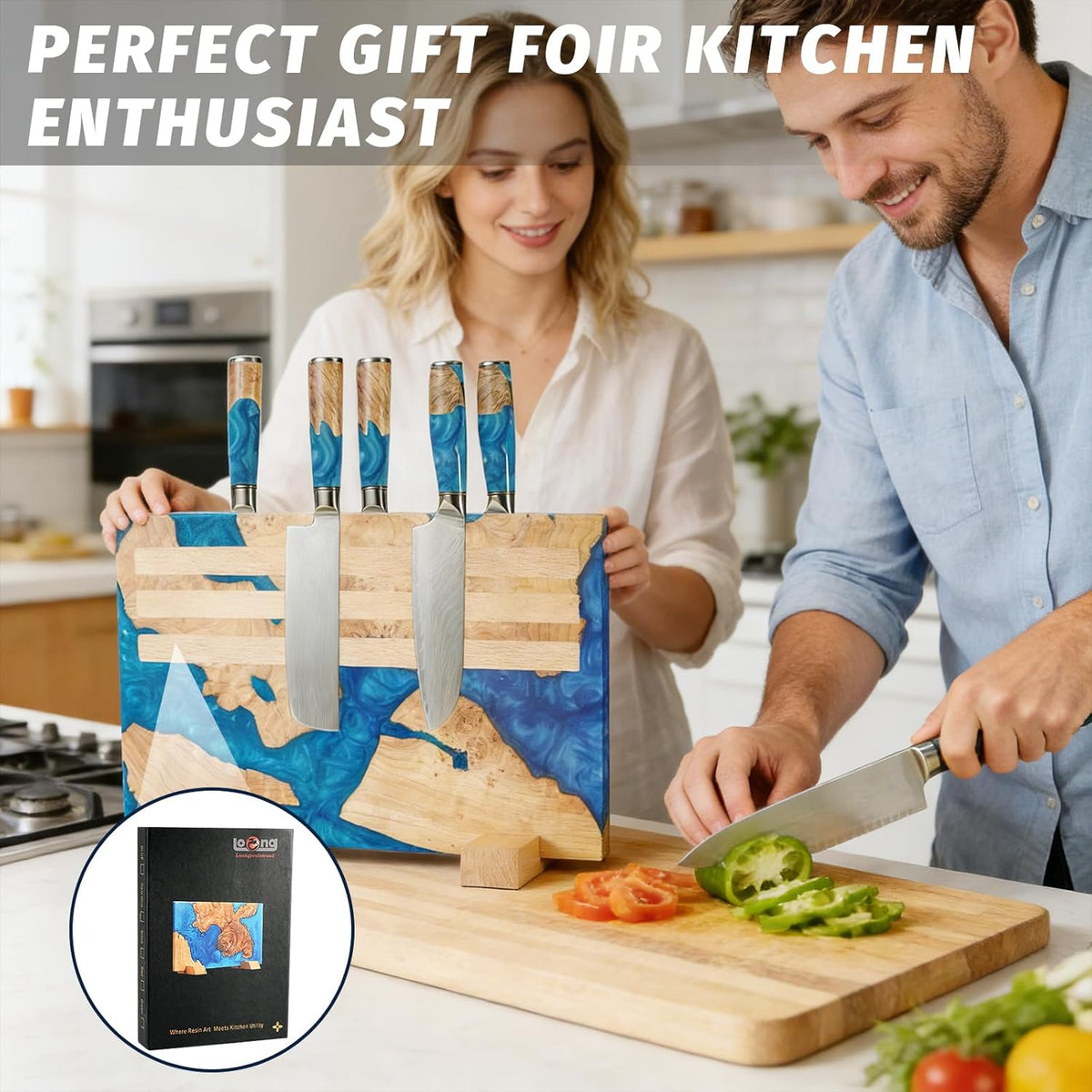 Magnetic Knife Block, 16 Inch Handcrafted Burl Wood Resin Knife Holder, Strong Neodymium Double-Sided Magnet, Countertop Knife Storage Stand Holds 20 Knives, Safe Blade Organizer for Kitchen