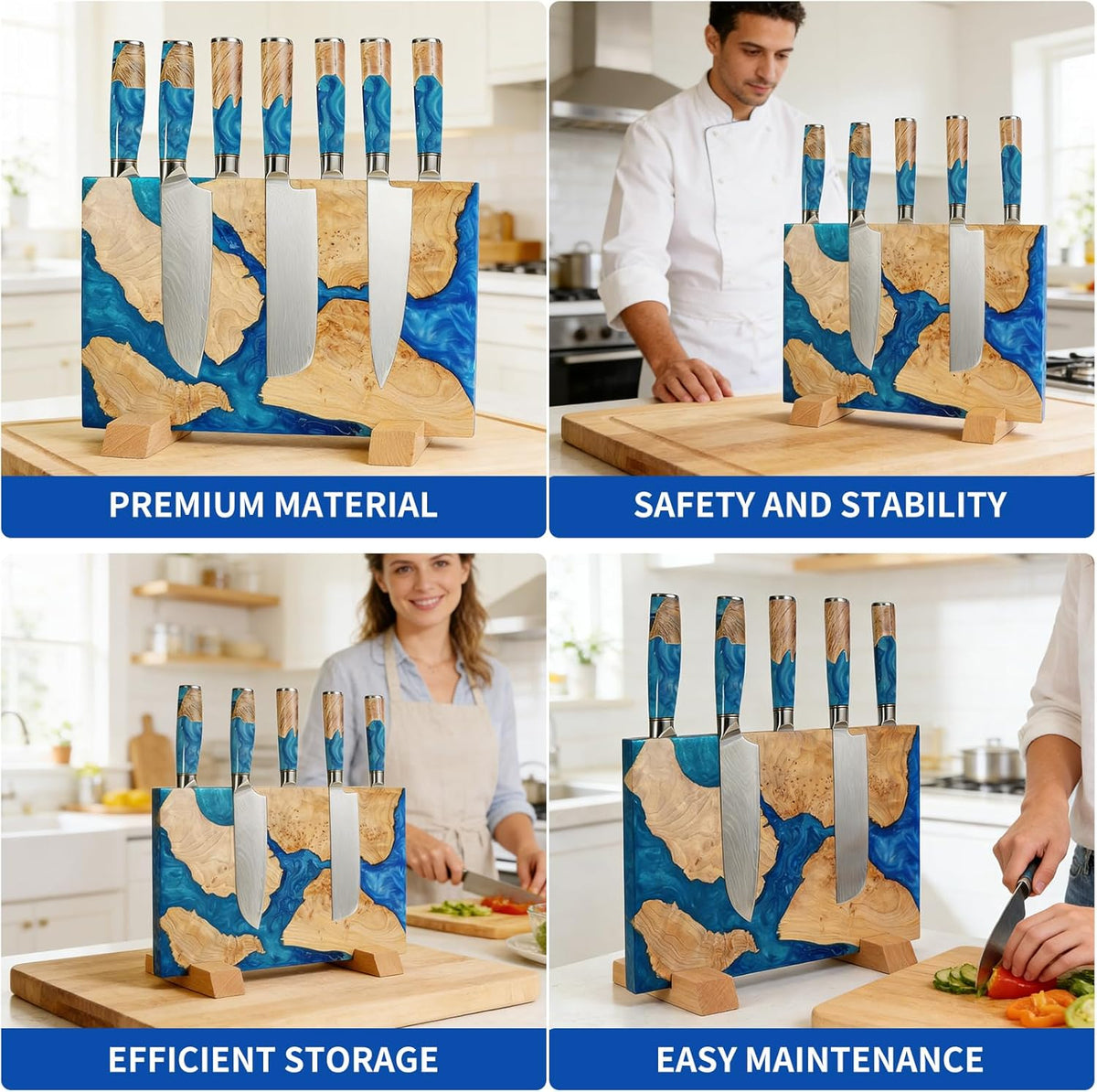 Magnetic Knife Block, 16 Inch Handcrafted Burl Wood Resin Knife Holder, Strong Neodymium Double-Sided Magnet, Countertop Knife Storage Stand Holds 20 Knives, Safe Blade Organizer for Kitchen