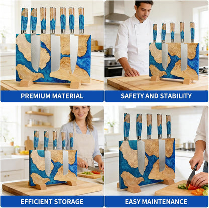 Magnetic Knife Block, 16 Inch Handcrafted Burl Wood Resin Knife Holder, Strong Neodymium Double-Sided Magnet, Countertop Knife Storage Stand Holds 20 Knives, Safe Blade Organizer for Kitchen
