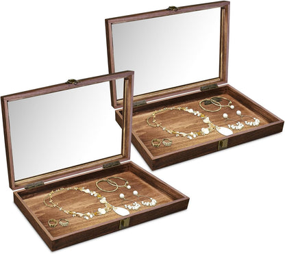 2 Pcs Wood Tempered Glass Top Jewelry Display Case Accessories Storage Box with Metal Clasp, Wooden Jewelry Tray for Collectibles, Pocket Knife Display Case, Brown Color