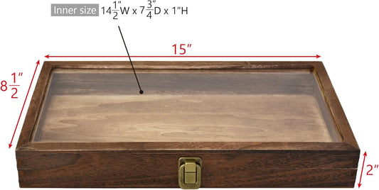 2 Pcs Wood Tempered Glass Top Jewelry Display Case Accessories Storage Box with Metal Clasp, Wooden Jewelry Tray for Collectibles, Pocket Knife Display Case, Brown Color