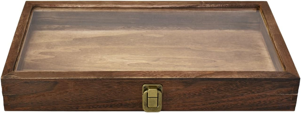 2 Pcs Wood Tempered Glass Top Jewelry Display Case Accessories Storage Box with Metal Clasp, Wooden Jewelry Tray for Collectibles, Pocket Knife Display Case, Brown Color