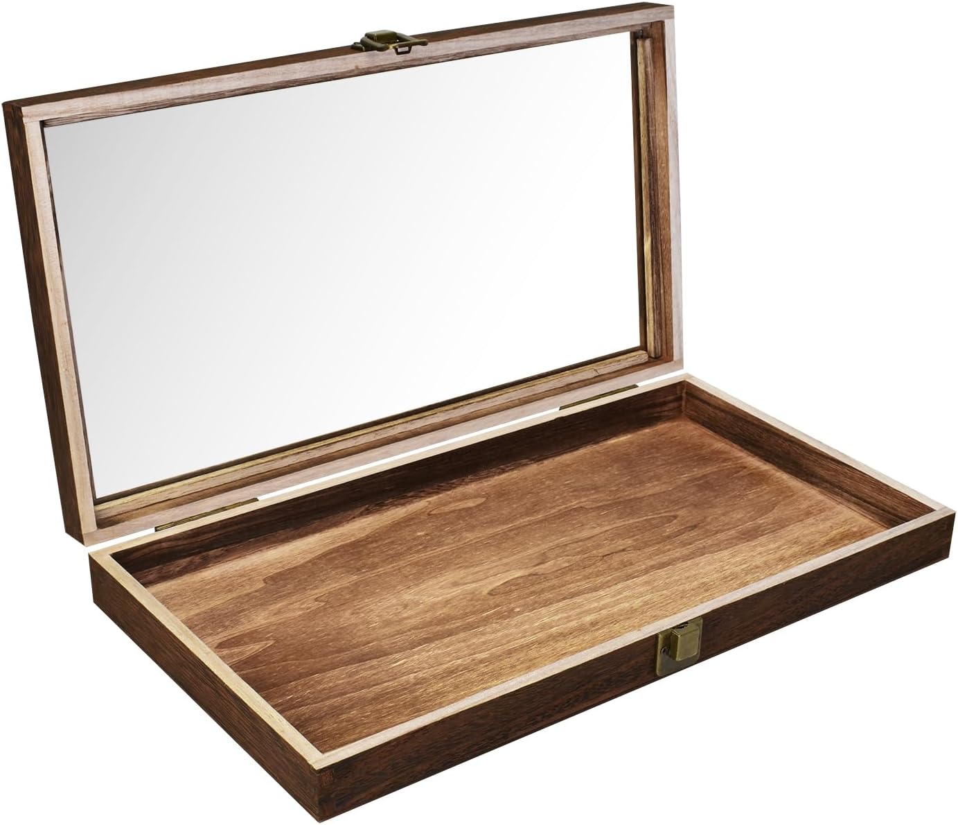 2 Pcs Wood Tempered Glass Top Jewelry Display Case Accessories Storage Box with Metal Clasp, Wooden Jewelry Tray for Collectibles, Pocket Knife Display Case, Brown Color